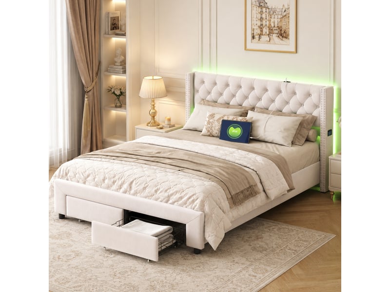  Lit double rembourré 180 x 200 cm , lit adulte avec 2 tiroirs et led ,lit capitonné ,sommier à lattes , beige , velours  - Conforama B