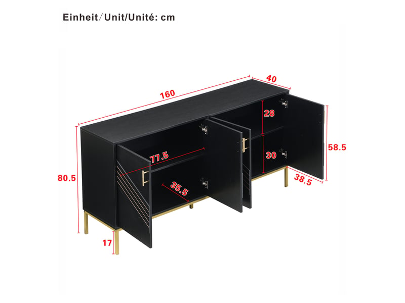 Buffet moderne 4 portes, design noir et doré, corps mdf, pieds métalliques, noir et veinage bois - Conforama D