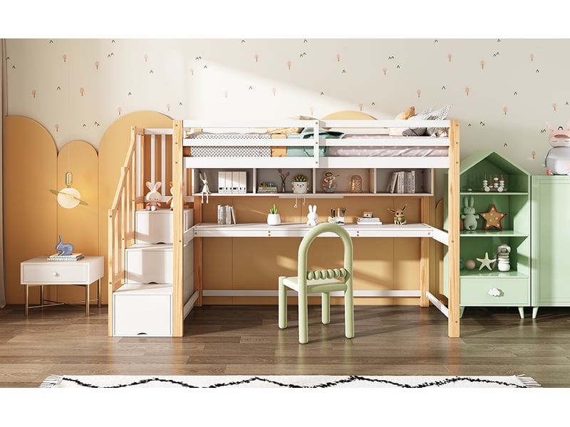  Modenvie lit mezzanine enfant 90x200 cm - avec bureau et rangement intégré - pour chambre d'enfant - blanc  - Conforama E
