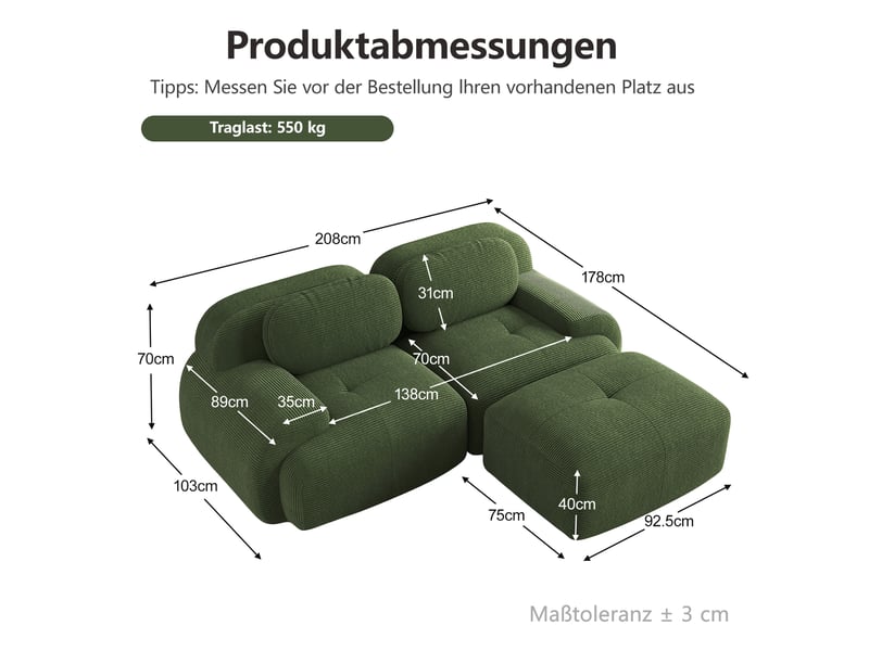  Canapé d'angle modulable en velours côtelé, vert, 208 x 178 x 70 cm Fay Lum - Conforama C