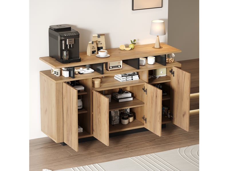  Buffet 4 portes avec 3 compartiments ouverts, naturel, 140 x 40 x 85 cm  - Conforama C