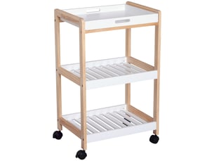 Desserte de cuisine à roulettes 2 étagères et plateau amovible pin et mdf blanc