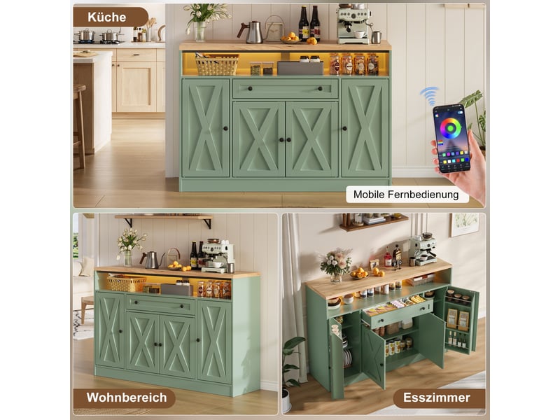  Buffet de cuisine 140x35x95cm avec éclairage led, 1 tiroir, rangements de porte et 4 portes style grange, meuble de rangement, vert evarich - Conforama D