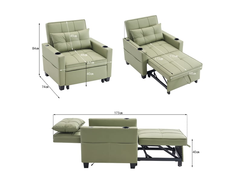  Fauteuil-lit modenvie convertible 3 en 1 vert avocat 87 x 74 x 84 cm avec usb et porte-gobelets  - Conforama C