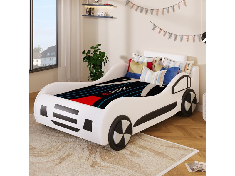  Lit enfant simple voiture 90×200 cm avec coffre hydraulique, sans matelas, mdf et pu - okmyhome- blanc  - Conforama C