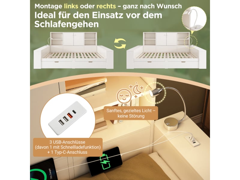  Lit de rangement 140x200 cm blanc – lit double gain de place avec tiroirs, usb-c et portes doubles (sans matelas)  - Conforama E