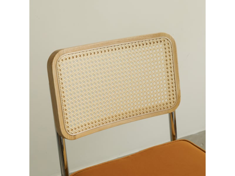  Ensemble de 4 chaises velours et rotin, pieds chromés – style mi-siècle breuer, salle à manger et salon  - Conforama E