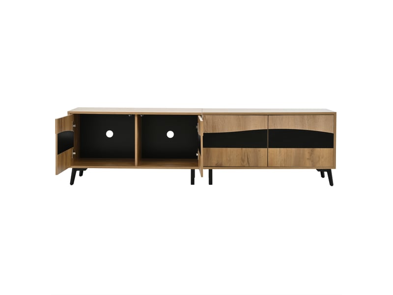  Meuble tv 180x40x50 cm, 4 portes, design symétrique, effet bois naturel et noir, panneau de particules  - Conforama E