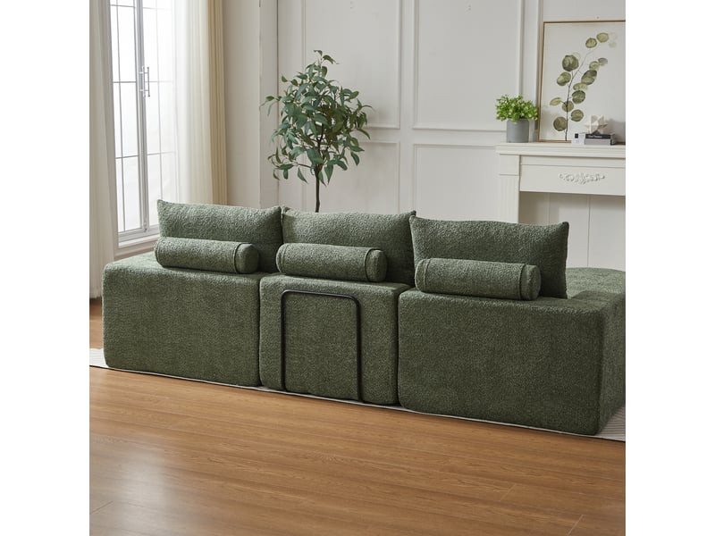  Canapé d’angle modulable 251x160x81 cm en chenille, méridienne réversible, mousse haute densité, 3 coussins, sans montage - vert  - Conforama E