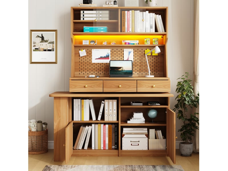  Bibliothèque bureau avec portes vitrées, étagères réglables et éclairage led pour salon, 137 × 74 × 177,7 cm  - Conforama C