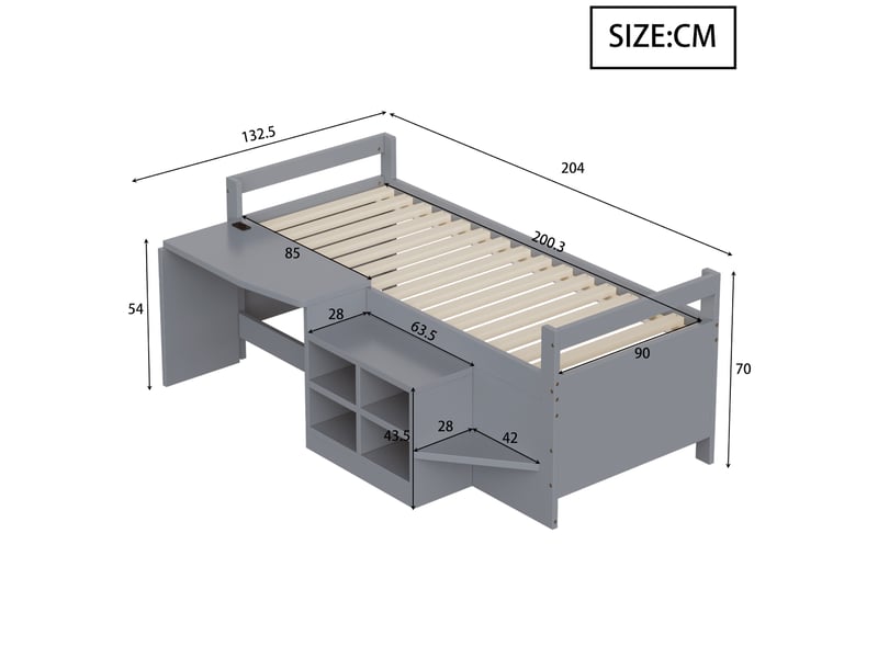  Lit enfant 90x200 cm avec bureau et rangements en bois gris  - Conforama E