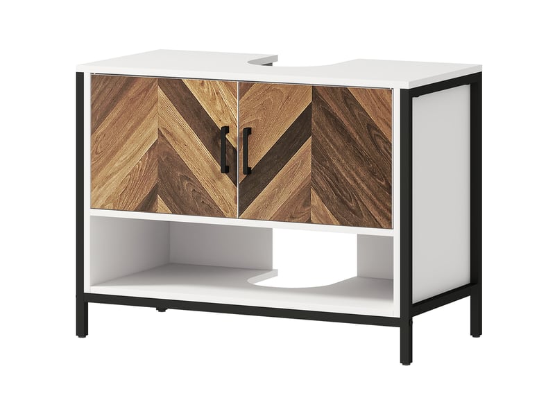  Meuble sous-évier à 2 portes et compartiment ouvert pour évier avec ou sans colonne, 80 x 40 x 60 cm, crème et noyer  - Conforama B
