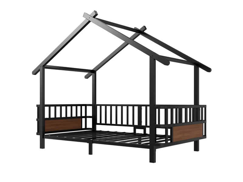 Lit enfant maison 90x200 cm, lit cabane, barrières sécurité, chambre, style contemporain, métal, noir, sans matelas - Conforama E