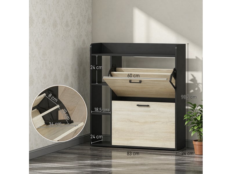  Meuble à chaussures bicolore 15 paires, 2 portes abattantes et rangements ouverts pour une entrée ordonnée  - Conforama C