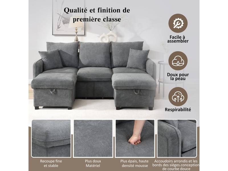  Canapé modulable 3 places gris foncé en tissu chenille 188 x 186 x 86 cm, avec rangements, 2 poufs et fonction couchage WF27110123S - Conforama D