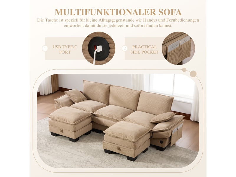 Canapé d'angle 3 places en velours côtelé kaki avec 2 poufs et coffre de rangement intégré - Conforama E