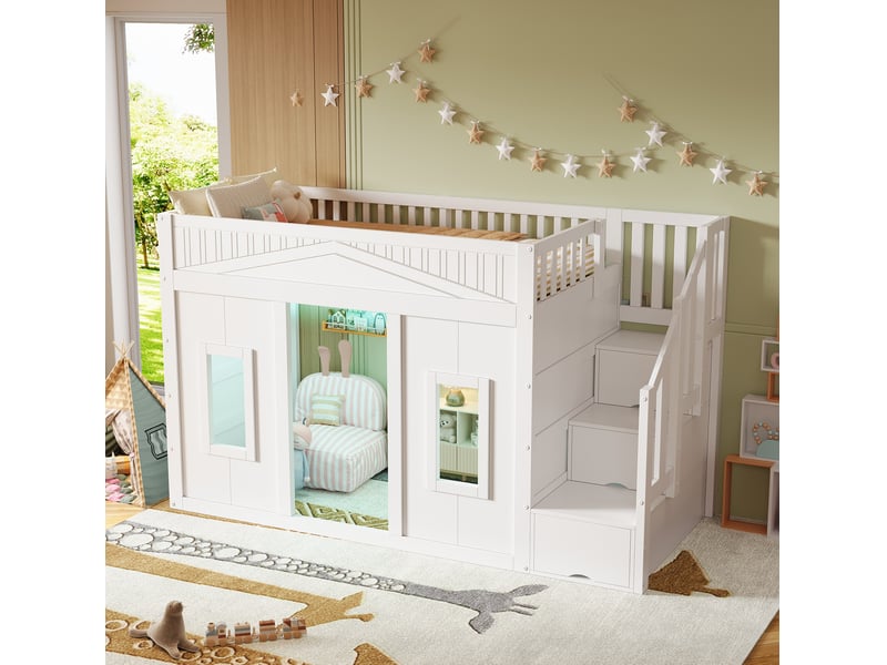  Lit mezzanine enfant 90x200 cm avec escalier de rangement et led, blanc, sans matelas  - Conforama B