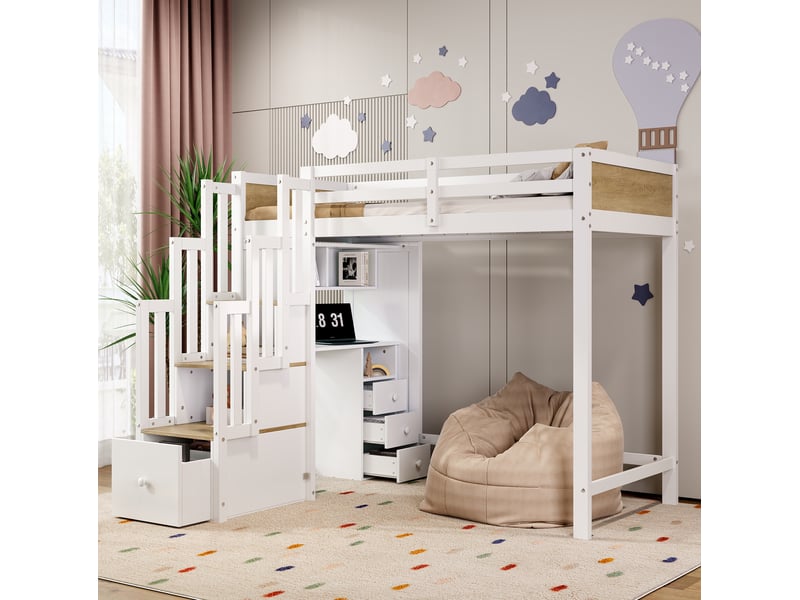  Lit mezzanine enfant 90x200 cm avec bureau et rangements blanc et naturel  - Conforama D