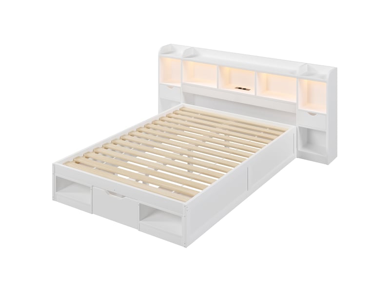  Lit adulte 140 x 200 cm, avec tête de lit dotée d'un espace de rangement, de tiroirs, d'une lampe led et d'un port usb, blanc  - Conforama E