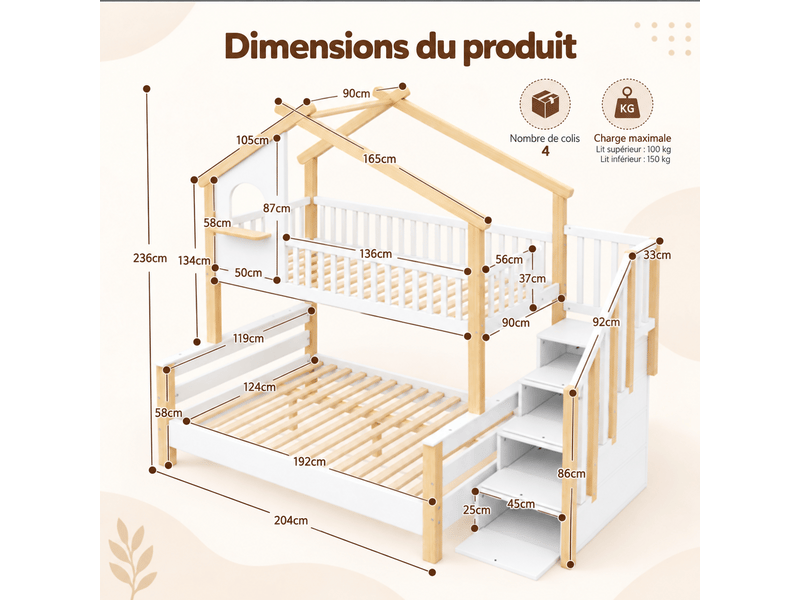  Lit superposé 3 places 90 x 200 et 140 x 200 cm avec échelle large, lit cabane en bois blanc naturel avec garde-corps et sommier à lattes  - Conforama D