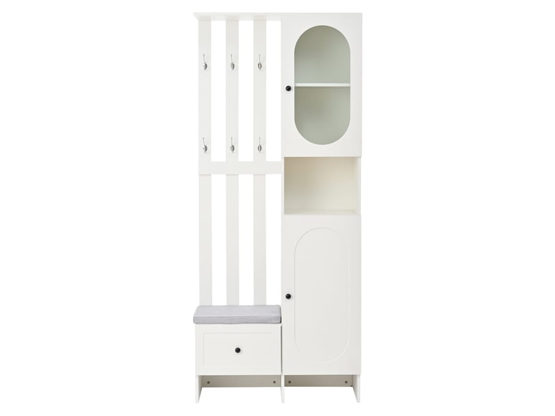  Vestiaire d'entrée, meuble de rangement avec banc de chaussage et portemanteau, en panneaux de particules et verre trempé 85x33.5x200cm, blanc  - Conforama A