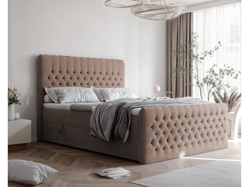 Lit adulte alba plus - 200x200 cm - matelas ressorts + surmatelas - coffre de rangement - velours dense hydrofuge marron clair ALBA PLUS - Conforama B