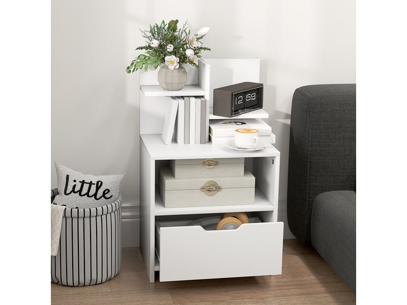  Table de chevet table de nuit avec tiroir, niche et étagères de rangement effet bois 45 x 35 x 73 cm blanc  - Conforama D