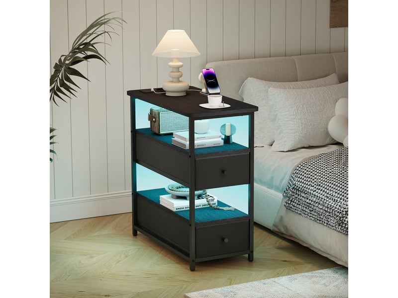 Table de chevet noire 4 niveaux – 2 tiroirs + led rgb, ports usbc & eu, 58×28×60,5 cm  - Conforama B