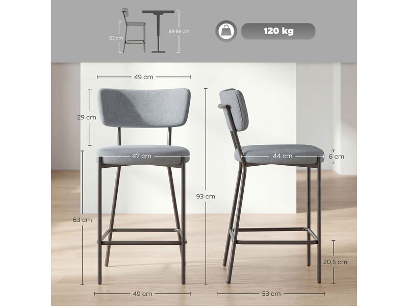  Lot de 2 tabourets de bar, chaises de bar, assise rembourrée, dossier courbé et repose-pieds, 49 x 53 x 93 cm, gris  - Conforama E