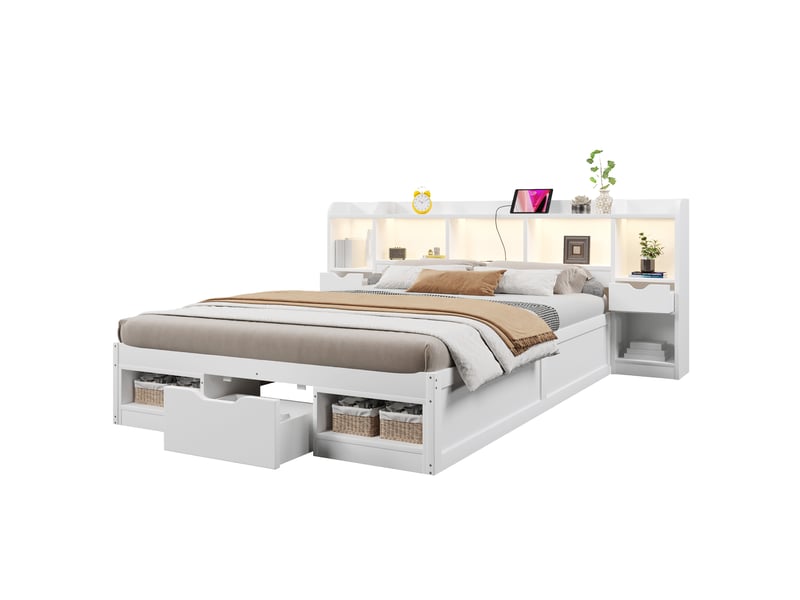  Lit plateforme 140x200 cm, tête et pied de lit avec rangements, led, port usb, mdf et contreplaqué, blanc sans matelas  - Conforama A