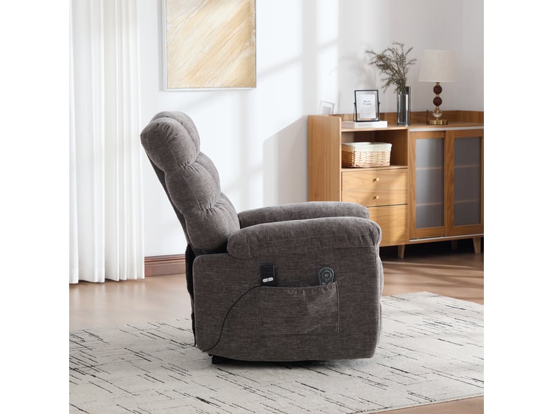 Fauteuil releveur électrique gris en tissu chenille, massage chauffant, dossier inclinable et repose-pieds pour salon - Conforama B
