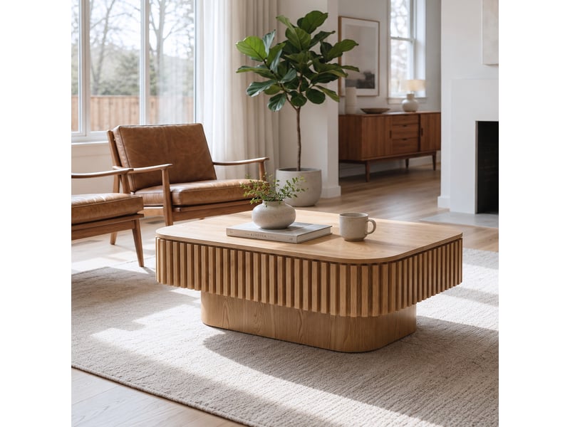Table basse rectangulaire avec plateau amovible et rangement caché, finition bois naturel, pour salon 98 × 60 × 35 cm - Conforama B