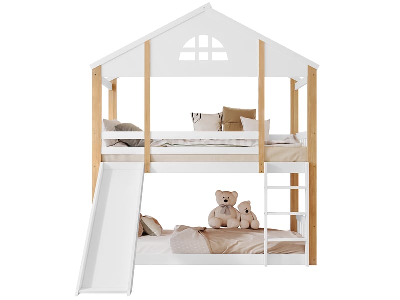 Lit superposé 90x200 cm cabane enfant - avec toboggan, échelle d’angle et fenêtres, barrière de sécurité - sans matelas - bois pin + mdf - blanc et naturel  - Conforama A