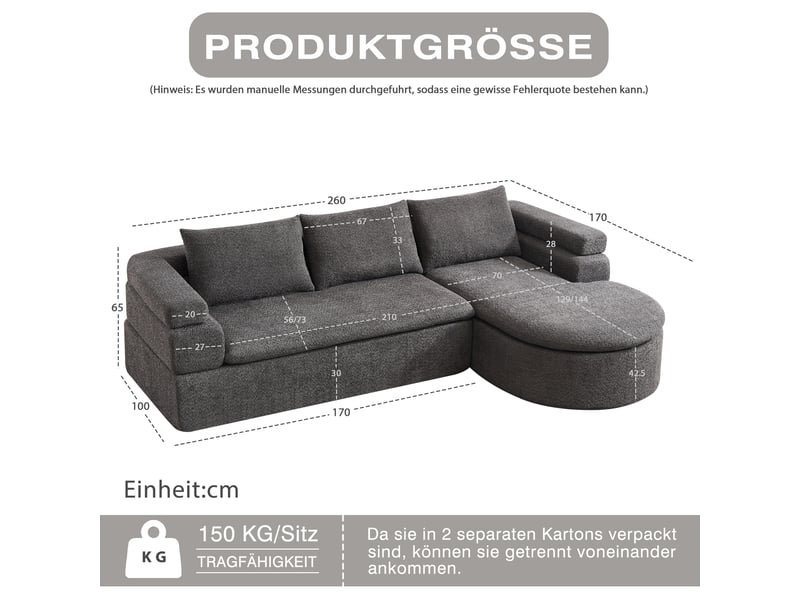  Canapé d’angle 3 places avec méridienne  - accoudoir étagé, 3 coussins de dossier, chenille - gris anthracite  - Conforama D