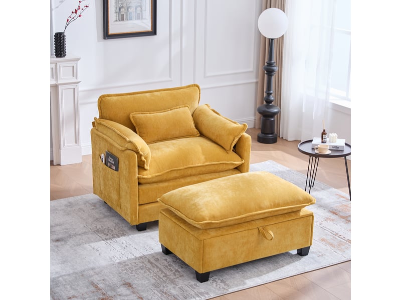  Fauteuil de détente 103x85x91 cm, avec pouf, sac de rangement, tissu chenille, jaune Cozy Nook - Conforama E