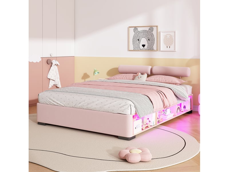  Lit enfant 140x200 cm, couchage bas, rangement latéral led, appuis-tête modulables, velours rose, sans matelas  - Conforama D
