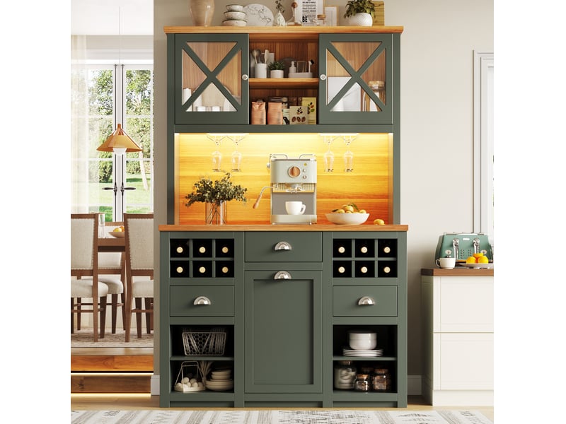  Buffet de cuisine 120x45x188 cm – vert antique – portes vitrées, led, rangements modulables, prises intégrées  - Conforama E