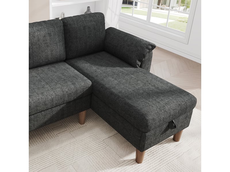 Canapé d'angle 3 places réversible en tissu chenille gris foncé, méridienne avec coffre de rangement, ports usb pour salon moderne - Conforama E