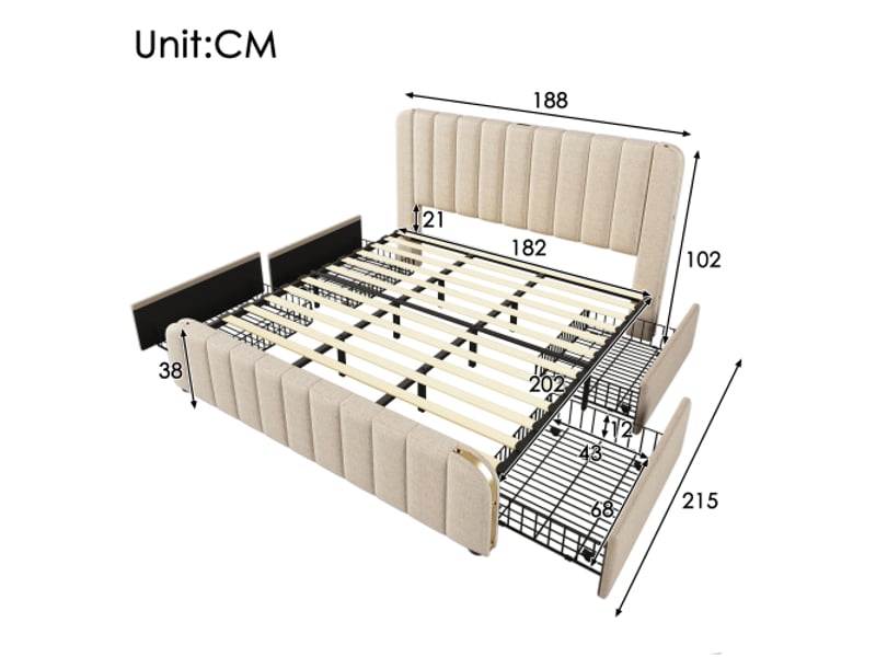  Lit avec rangement 180x200 cm avec 4 tiroirs, tête de lit avec ports usb et type-c, en lin, beige, matelas inclus  - Conforama D