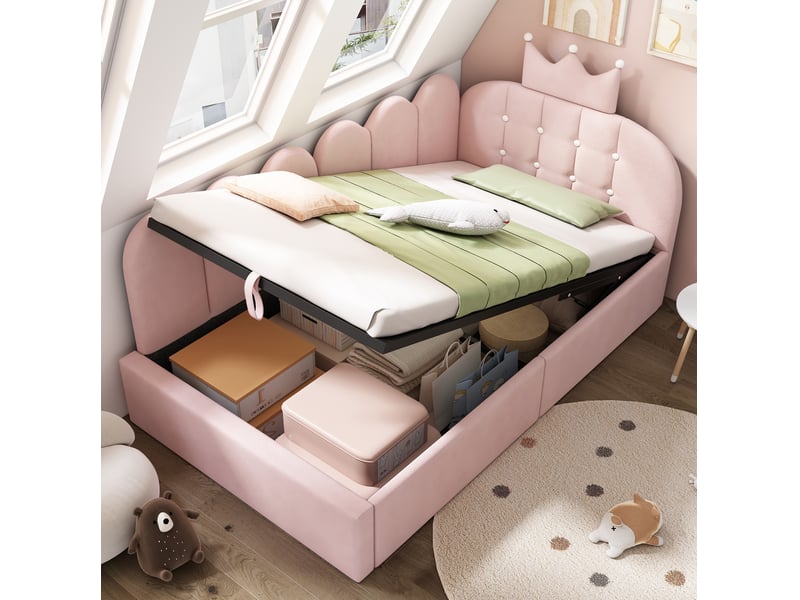  Lit coffre 90x200 cm avec méridienne en velours rose, motif couronne  - Conforama B