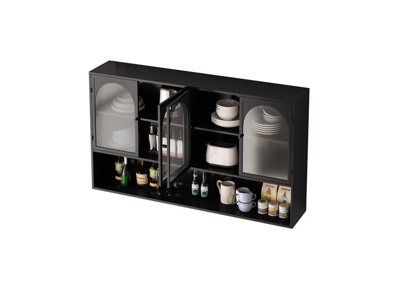  Armoire murale avec 4 portes en verre gris, rangement vertical pour cuisine, salon et salle de bain, noir, 120 × 23 × 70 cm  - Conforama A