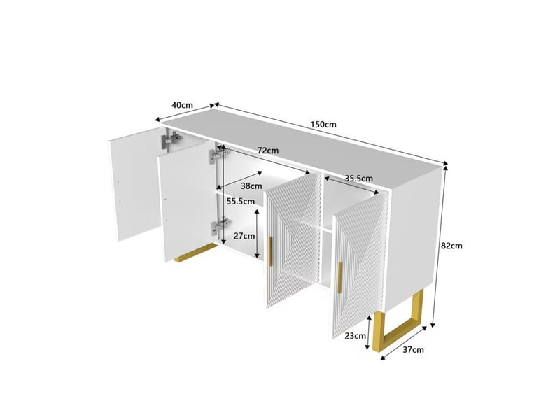 Buffet cuisine blanc, avec 4 portes brillantes, étagères réglables et poignées dorées, 150 x 40 x 82 cm, armoire pour salon - Conforama C