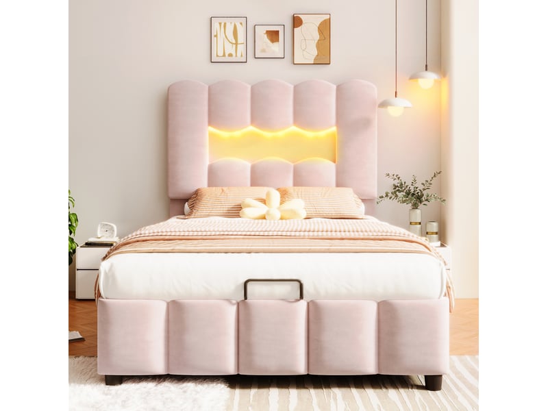  Lit coffre enfant 90x200 cm, éclairage led multicolore, rangement hydraulique, tête de lit réglable, finition velours rose, sans matelas  - Conforama E