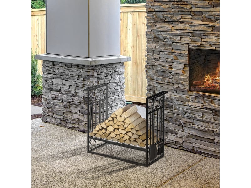 Porte-bûches surélevé en acier noir, 4 outils de cheminée, 75 x 30 x 60 cm - Conforama C