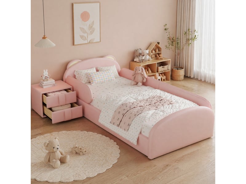  Lit enfant rembourré rose 90 x 200 cm avec tête de lit ours et table de chevet  - Conforama C