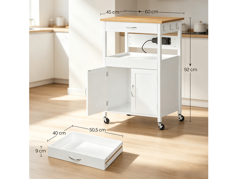  Desserte de cuisine 60 x 45 x 92 cm bambou et blanc en mdf, rangement avec prises et roulettes freinées  - Conforama C