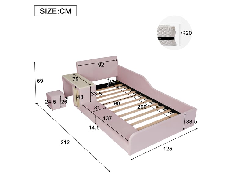 Lit enfant 90 x 200 cm en velours rose avec bureau, tabouret et étagère  - Conforama E