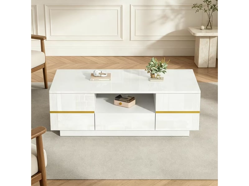  Table basse 100 x 50 x 35 cm éclairage led table de salon compartiment semi-ouvert 2 portes charge maximale 30 kg finition blanche accents dorés  - Conforama B