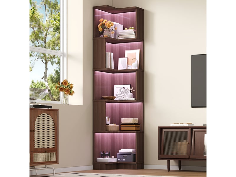  Bibliothèque d’angle 63,5 x 45 x 175 cm, 5 niveaux, éclairage LED RGB avec contrôle par application, rangement multifonction, marron  - Conforama B