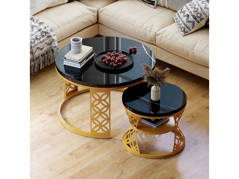 Lot de 2 tables basses noir et or avec motif marbre - Conforama B